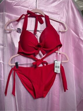 Red Tie-Front Halter Bikini Set